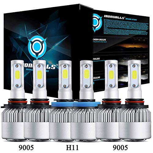 IRONWALLS LED Headlight, F-S2 Series, 3 Sets, 9005+9145+H11, Fog Light Bulbs, All-in-One Conversion Kit, 72W 8000LM 6500K, COB Chips, Super Bright White, 6PACK, Upgraded,