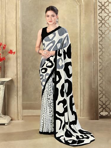 Image of SIRIL Women's Crepe Silk Printed Saree with Unstitched Blouse Piece