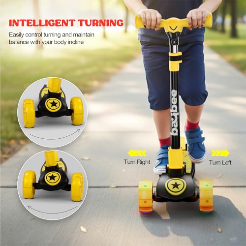 Image of Baybee Kitty Kick Scooter for Kids | Foldable 3 Wheel Kid Scooter with 4 Height Adjustable Handle & Brake | Skate Scooters with LED PU Wheels | Runner Scooters for Kids 3 to 10 Years Boy Girl (Yellow)