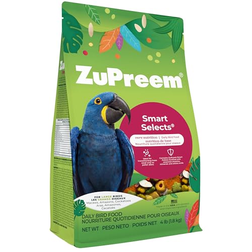 ZuPreem Smart Selects Bird Food, Daily Nutrition for Amazons, Cockatoos, and Macaws, Bird Feed Pellets and Seed Blend, Cockatoo Food, Macaw Diet, Made in USA, (Large, 4 lb bag)
