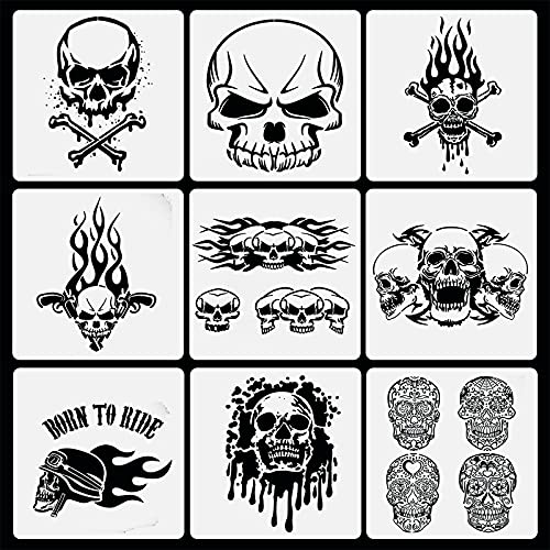 9 Pieces Skull Stencils Painting Art Templates Stencils Skull for Scrapbooking Drawing Tracing Scary Head Stencils DIY Furniture Wall Floor Decor Kid Friendly DIY Stencils,12 x 12 Inch
