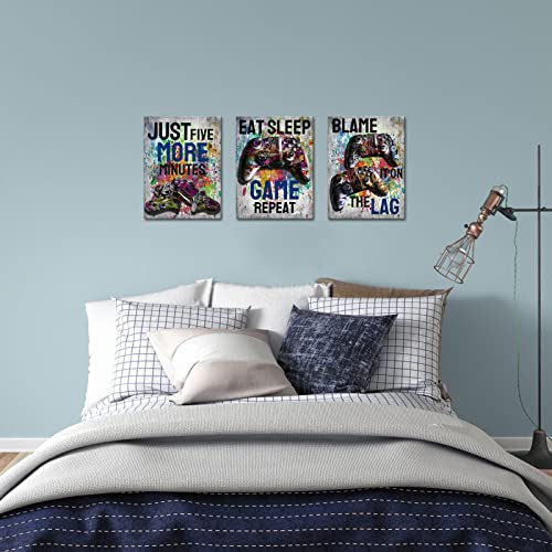 Lyerartork 3 Pieces Game Theme Canvas Wall Art Graffiti Video Game Picture Prints Watercolor Match Controllers Painting For Game Room Boys Room Wall Decor Framed And Ready To Hang 12X16Inchx3Pcs #TOP2