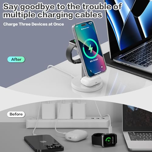 Image of 3 in 1 Wireless Charging Station Compatible with MagSafe, 15W Fast Charging Magnetic Mag-Safe Charger Stand for Apple iPhone 17 16 15 14 13 12Series Apple Watch AirPods Pro 4 3 2, Gifts for Men Women