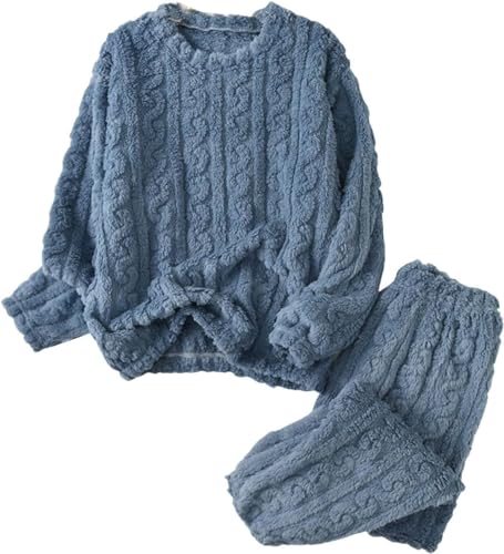LLECDASEUI Conjunto de pijama de punto trenzado para mujer, pantalones de forro polar esponjoso, conjuntos de pijama de invierno suaves para descansar, azul, M