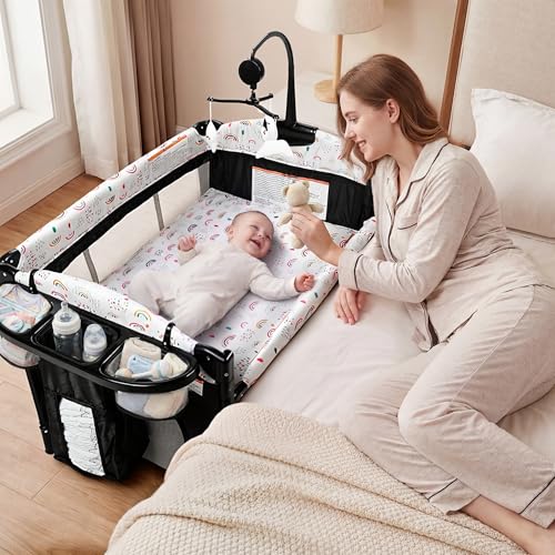 Image of Kinder King 4 in 1 Portable Baby Playard, Baby Bedside Crib, Multicolour | Foldable Pack and Play w/Bassinet, Newborn Changing Table, Toddler Large Playpen, Storage Basket, Travel Bag, 0-36 Months