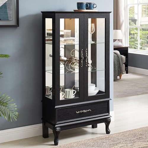 Image of 51 inch H Lighted Wooden Curio Cabinet, Glass Display Case with Tempered Glass Door, Adjustable Shelves, Storage Drawer and Mirrored Back Panel, Decorative Cabinet for Living Room,Office (Black)