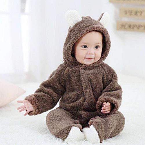 ベビー くま 着ぐるみ カバーオール ロンパース 耳付き フード フワフワ フリース 赤ちゃん 足つき 防寒着 男の子 女の子 ユニセックス もこもこボア パジャマ ギフト 出産祝い コットン 秋冬 撮影 costume-1 (Khaki, 3-6M)