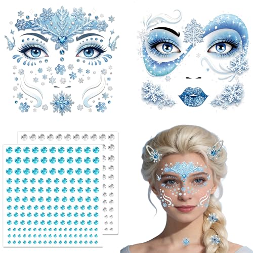 Gesichtstattoo Eiskönigin Set Schneeflocken Haarspangen, Temporäre Tattoos Selbstklebenden Strasssteinen, Prinzessin EIS Schminke Face Tattoo und Haarspange für Karneval Halloween Kostüm Make Up
