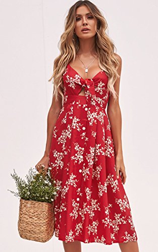 Image of ECOWISH Women 2026 Summer Dresses Tie Front V-Neck Spaghetti Strap Button Down A-Line Backless Swing Midi Dress