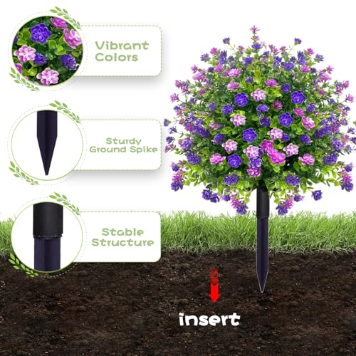 YUGYUM 2 Pack Artificial Boxwood Topiary Ball Trees with Spikes, 23\" UV Resistant Fake Shrubs Bushes for Outdoors, Look Real Faux Plants Flowers for Porch Pathway Garden Yard Patio Decor -Purple