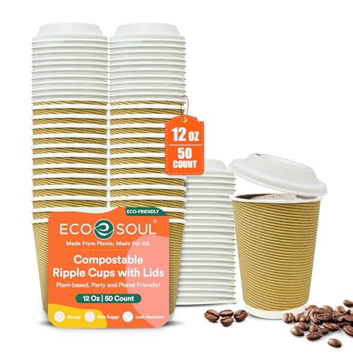 ECO SOUL 12 Oz Compostable Ripple Paper Cups (50 Pack)