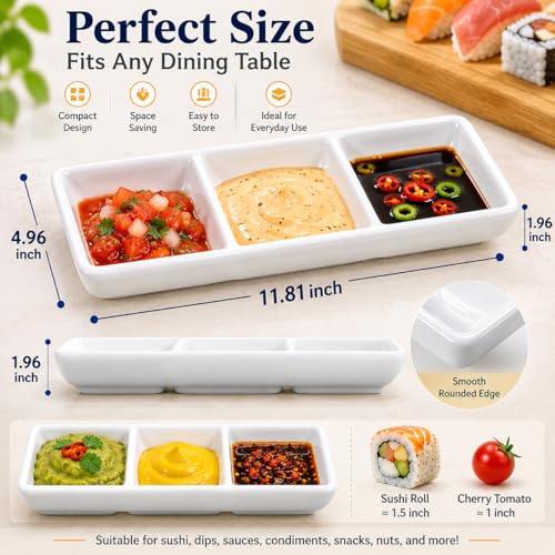 Image of Healeved 2-Pack Ceramic Appetizer Serving Tray Set 3-Compartment Rectangular Divided Sauce Dishes for Soy Sauce Dips Condiments 11.81X4.96X1.96 Inch