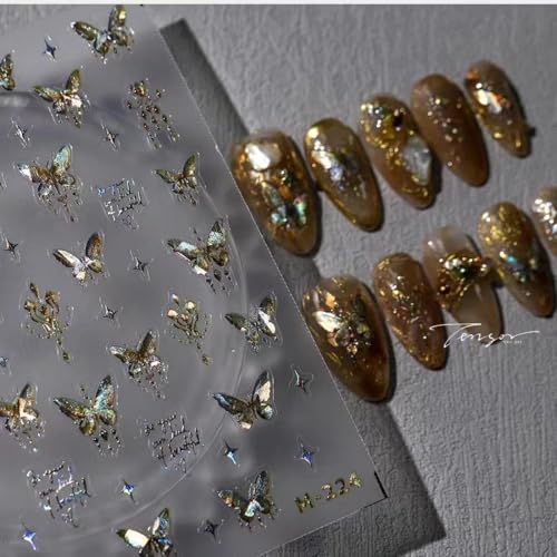 Image of Butterfly Nail Art Stickers 5D Embossed Nail Decals Golden Self Adhesive Bronze Nail Sticker for Nails Art Design for Women Girls Christmas Supplies Manicure Decorations Accessories