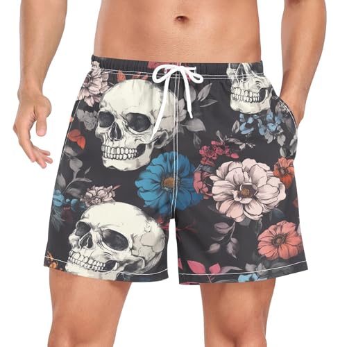 Skull Colorful Flowers Men's Swim Trunks with Liner Quick Dry Beach Shorts Swimwear Bathing Suit S-XXL