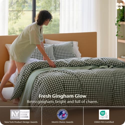 Image of Nayoroom Olive Green Gingham Duvet Cover Queen Plaid Checkered Dorm Bedding