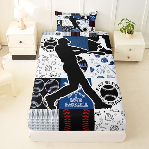 Image of Castle Fairy Baseball Player Bed Sheet Set Twin Size,Sports Geometric Grid Blue Sheet Set Kids Teens,Patchwork Baseball Bedding Decor Set with 1 Flat & 1 Fitted Sheet with 1 Pillow Sham