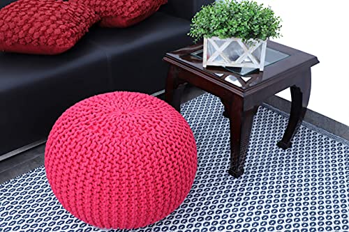 FRELISH DECOR Round Pouf Ottoman Hand Knitted 100% Cotton Pouf Foot Stool - Knitted Bean Bag - Floor Chair for Living Room - Bedroom Foot Rest for Couch (20 Diameter x 14 Height) - Dark Pink - Thumbnail 2