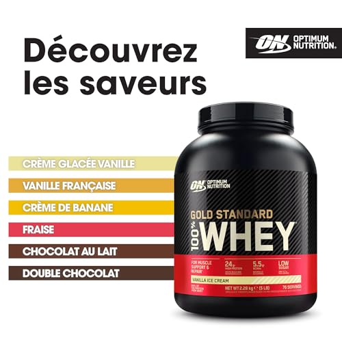 Optimum Nutrition Gold Standard 100% Whey, Poudre de Protéines pour Construction et Récupération Musculaire, avec Glutamine et Acides Aminés BCAA Naturels, Crème Glacée Vanille, 76 Portions, 2,28 kg – Image 6