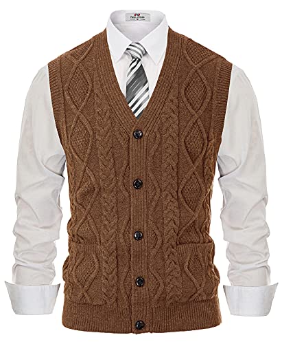 Pj Paul Jones Mens Sweater Vests Casual Button Down Cable Knitted Sweater Vest V-Neck Camel Xl #TOP18