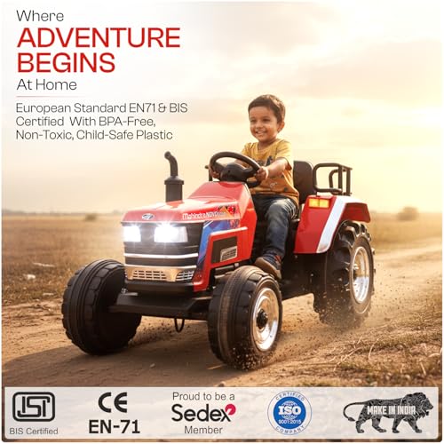 Image of Toyzone Licensed Mahindra Electric Tractor| Rechargeable Ride on with 12V 12AH Battery| LED Lights, MP3 Music-USB, BT, AUX| Smooth Acceleration| 6 M Battery Warranty| for Kids 3-15 Years, Upto 50 kgs