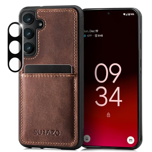 Custodia pelle per Samsung Galaxy S25 con protezione della fotocamera in vera con scomparto per carte di credito anello portachiavi in vera antiurto marrone