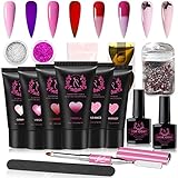 SXC G-10 Polygel Nail Kit Pink Temperature Change Glow in the Dark Sparkling Glitter 6pcs 30ML Nail Extension Gel All-In-One Nail Enhancement Starter Gel Builder Nail Technician Set (Pink Series)