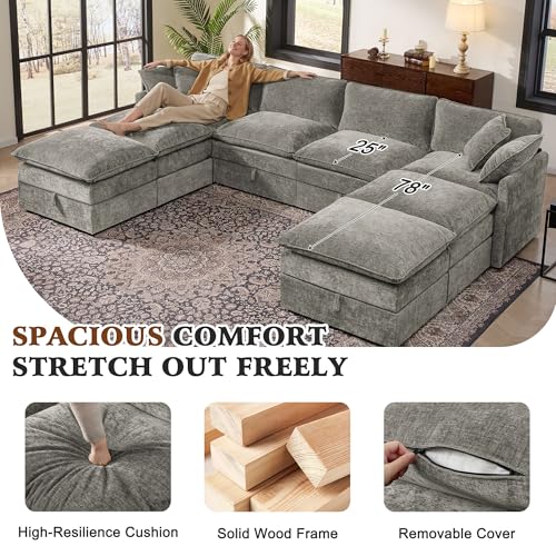 Image of Ihanherry 135 inch Oversized Sectional Sofa Bed with Storage, 8-Seater Modular Cloud Couch with Movable Ottomans, Chenille Deep Seat Sleeper Couches for Living Room (Grey)