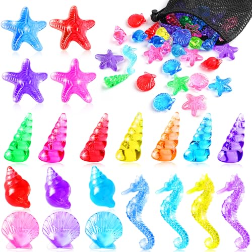 MARFOREVER 36 PCS Acrylic Seashells Dive Toys Shell Gems Pool Starfish Conch Scallop Gemstones Pirate Treasures for Beach Underwater Throw Game Toys...