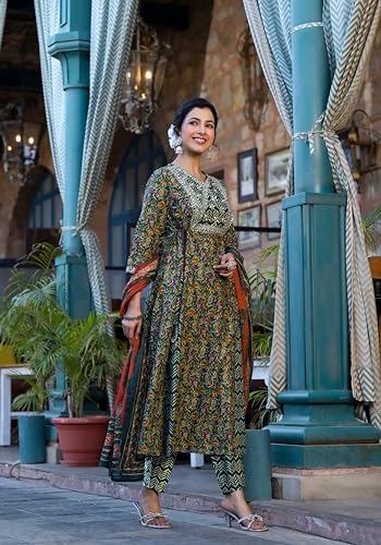 Image of MIRCHI FASHION Women Cotton Printed and Embellished Jaipuri Kurti Set with Pant with Dupatta
