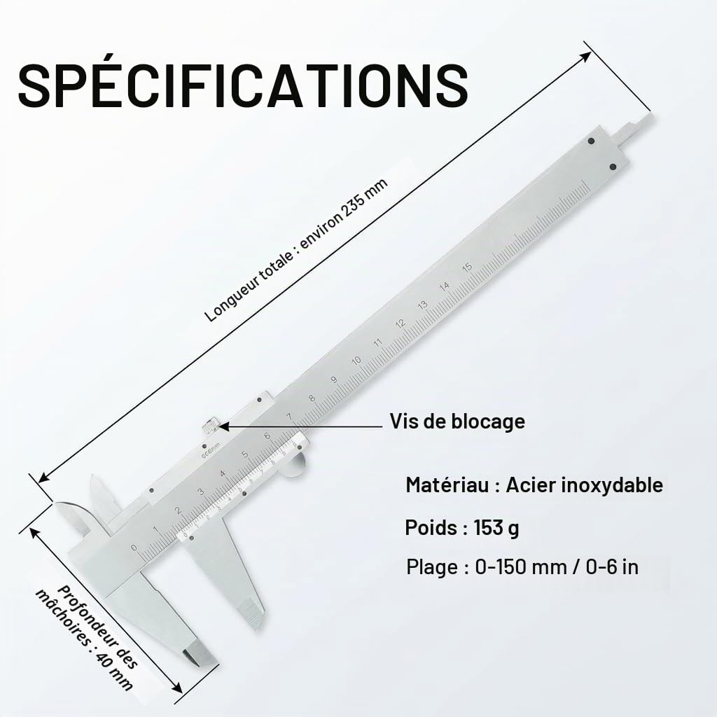 Pied à Coulisse 0-150mm Précision 0,02mm en Acier Inoxydable Vernier Mécanique Outil de Mesure Professionnel pour Bricolage Industrie et Atelier Calibre à Coulisse avec Étui de Rangement Robuste