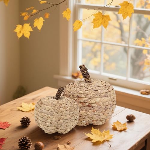 Image of winemana 2 Pack Pumpkin Fall Decor, Woven Wicker Pumpkins for Home, Beige | Cattail Material, Farmhouse Style, Autumn Thanksgiving Decorations, Fall Centerpieces for Table Porch Mantel Indoor