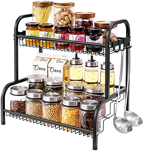 Oyydecor Spice Rack ,Spice Rack Organizer for Countertop 2 Tier Kitchen Spice Rack Spice Organizer Standing Rack Shelf Storage Racks Kitchen Rack for Spice Can Sauce With 8 Hooks