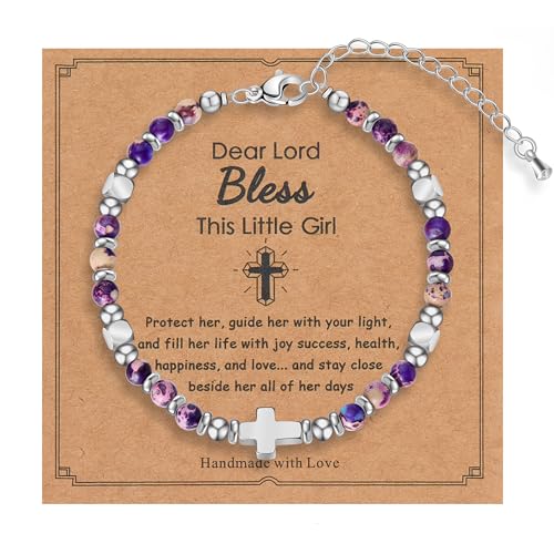 Image of Tiny Natural Gemstone Cross Charm Bracelet, Christian First Communion Gifts for Daughter Girlfriend Mother, Meaningful Jewelry