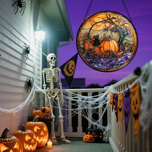 Image of Stained Glass Window Hanging - Halloween Pumpkin Carriage Black Cat Suncatcher for Doors Window Garden Spooky Sun Catchers Gothic Decor Horror Gifts for Women Men Friend Boy Girl 9.8 in