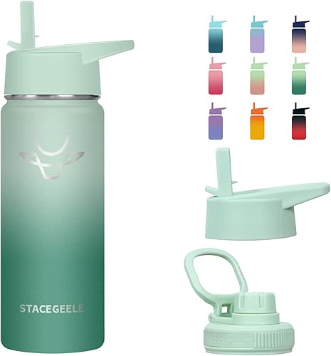 STACEGEELE Botella de agua aislada al vacío para niños con tapa de popote termo de acero inoxidable para niños y niñas a prueba de fugas ligera