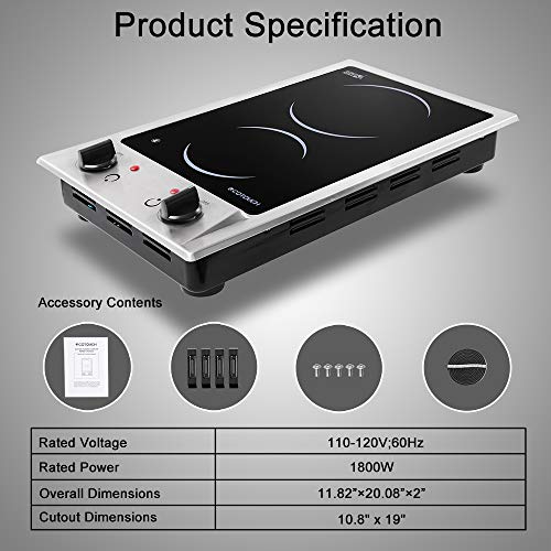 Electric Cooktop, ECOTOUCH 2 burner electric cooktop 120V Stove Top Built In, 12 inch Radiant Cooktop with Stainless Steel, Plug In