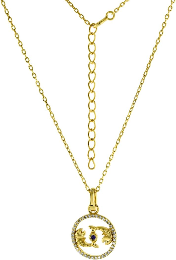 Gold Plated Sterling Silver CZ Mother of Pearl Zodiac Signs Horoscope Necklaces for Women Enhancer Bale 3/8 (15mm) Round 16 + 2 inch Extension