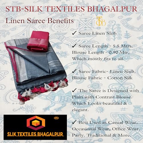 Image of STB-SILK TEXTILES BHAGALPUR Women's Linen Slub Saree With Contrast Blouse Piece