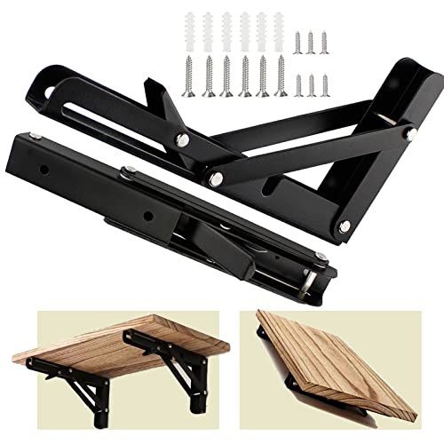 Folding Shelf Brackets - COCIVIVRE Wall Mount Table Brackets Heavy Duty Metal Collapsible Black Shelf Bracket for Bench Table, Space Saving DIY Foldable Brackets (16 Inch, Black)
