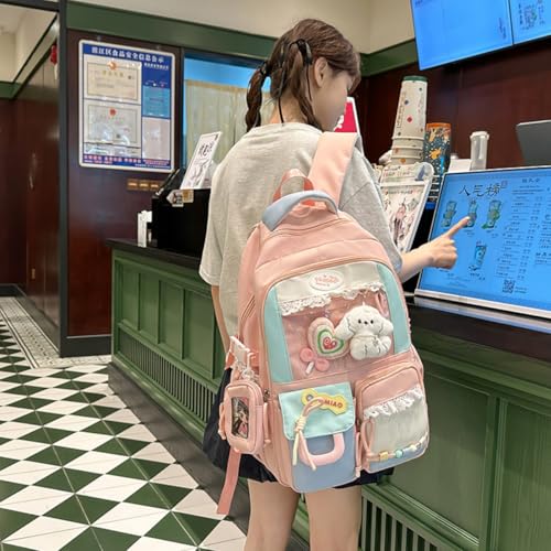 Kawaii Color Blocking Backpack with Case for Women Large Capacity Korean Travel Bag Y2K Ita Bag Sweet Dopamine (Khaki)2