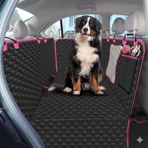 Image of Dog Car Seat Cover -Scratchproof Protector -Waterproof Backseat Cover for Cars -Nonslip Dog Accessories with Mesh Window-Universal Fit for Cars, Trucks, SUVs (Pink, Flat Bone Mesh Car Seat Cover)