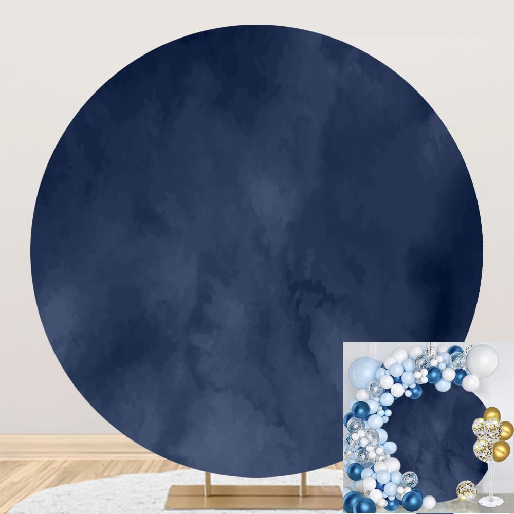 DORCEV Navy Blue Marble Texture Round Backdrop Cover 6.5x6.5ft Navy Blue Marble Happy Birthday Background for Photography Wedding Party Decor Adults
