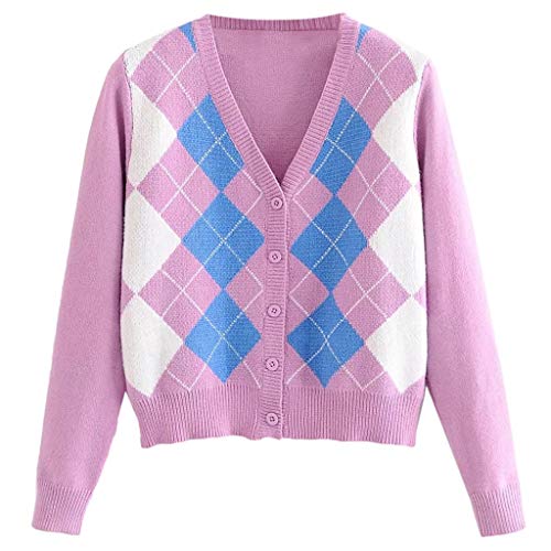 Womens Sweaters,for Women Long Sleeve Sweater Cardigan Vintage Rhombus Pattern V-Neck Coat Button Down Knitted Crop