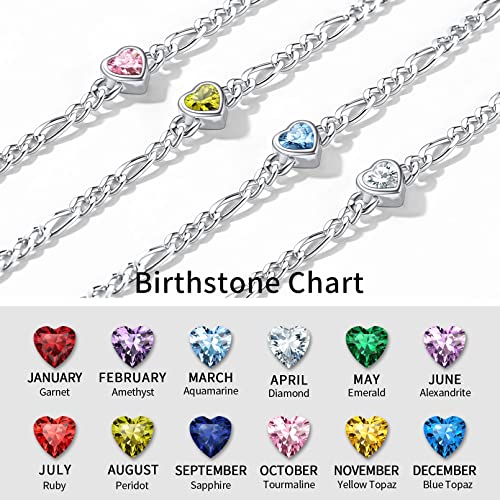 ChicSilver 925 Sterling Silver Heart/Round Birthstone Figaro Chain Bracelet for Women Mothers Day Birthday Jewelry Gifts (with Gift Box)4