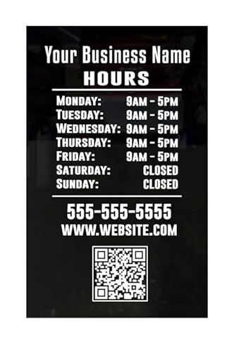 Custom QR Code with Business Hours Decal Sign for Office Sign Decal Social Media Icon Logos Fully Custom Personalized Glass Door Window Commercial Store Professional Stencil Sticker Storefront Name
