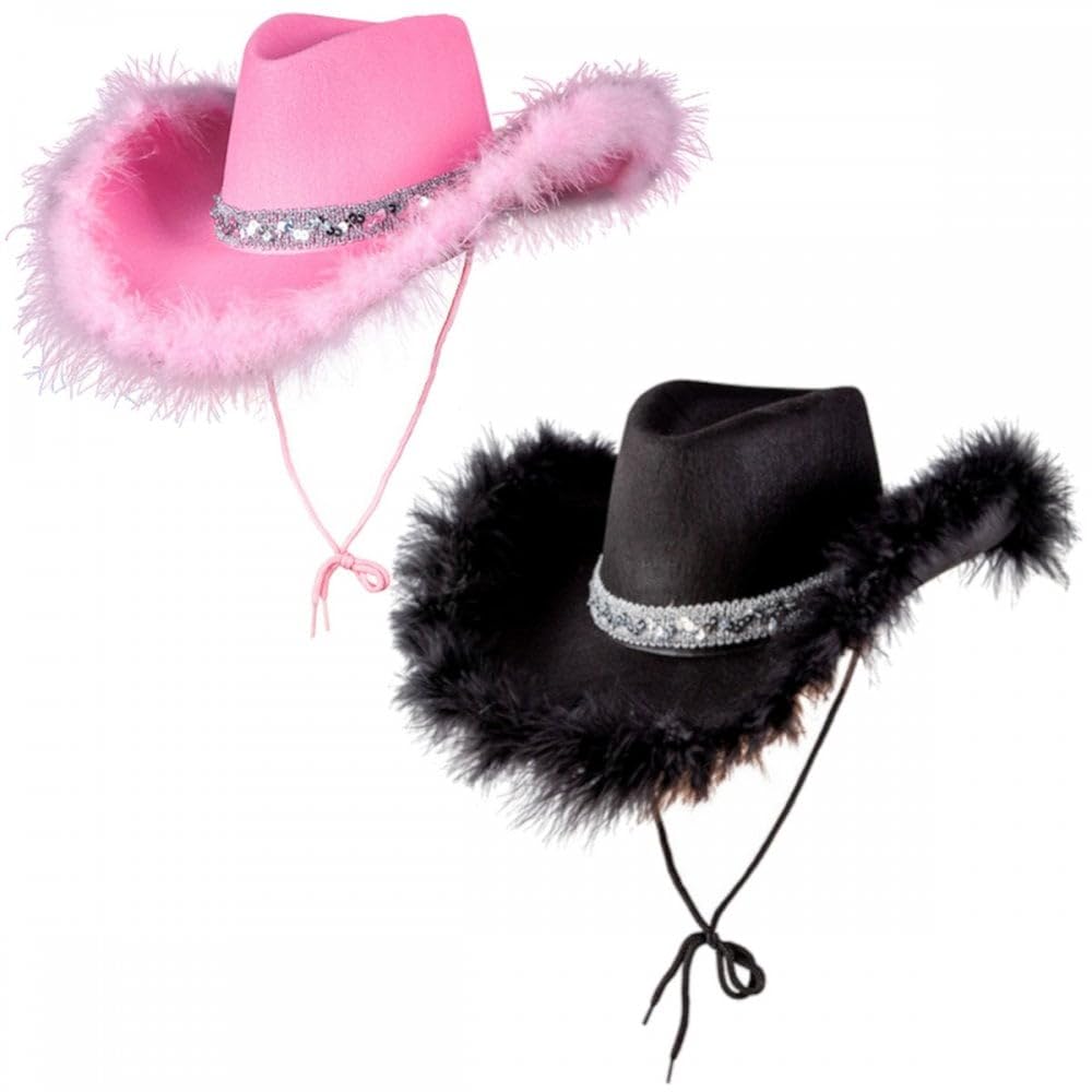 2 Pack Cowgirl Hats (Multiple Options) : Adult Ladies Womens Western Wild West Hen Night Music Festival Barn Dance Rodeo Fancy Dress Cowboy Costume Accessories (Sequin & Marabou Feather, Black,Pink)