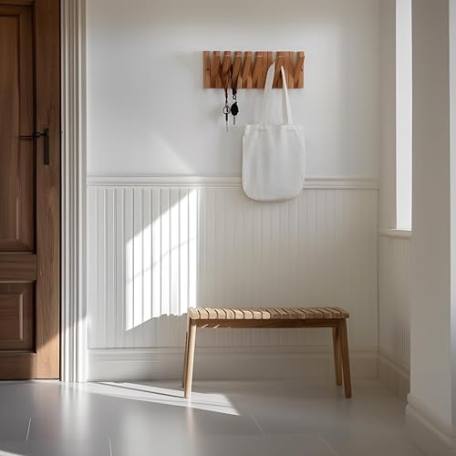 Miniatura 7 de Ganchos para abrigos y sombreros de pared con soporte para llaves, perchero montado en la pared con 9 perchas retráctiles, soporte delgado de madera