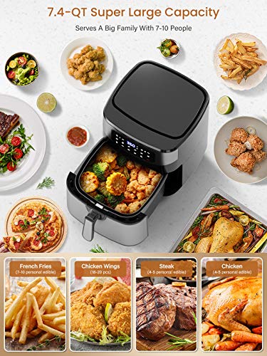 Acezoe 7.4 Quart Air Fryer, 9 Presets Electric Air Fryers Oven with Preheat, 1700-Watt Hot Air Fryers with LED Digital Touchscreen,Nonstick Basket, 23 Recipes, Stainless Steel Large Vortex Air Fryers