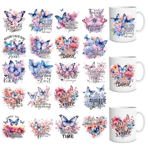 Shejdgart UV DTF Cup Wraps - 20 Sheets Butterfly UVDTF Cup Wraps for 16 OZ Glass, Inspirational Affirmative Quotes UV DTF Transfer Stickers, Waterproof Rub on Transfer Decals for Water Bottles Mugs
