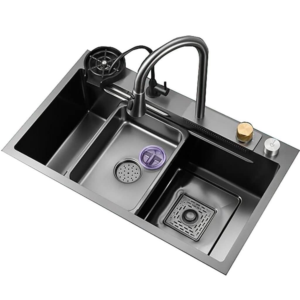 WBJGUOD Waterfall Style Embedded Kitchen Sink Workstation with Pull-Out Faucet - Stainless Steel, 3 Water Outlet Modes(72 * 45cm)